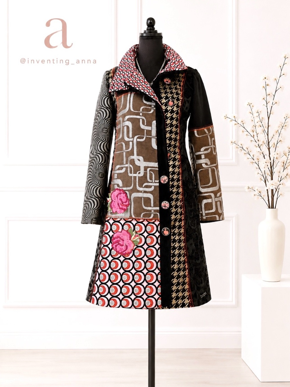 DESIGUAL Multicolor Patchwork Coat w/Floral Embroidery Houndstooth Jacquard